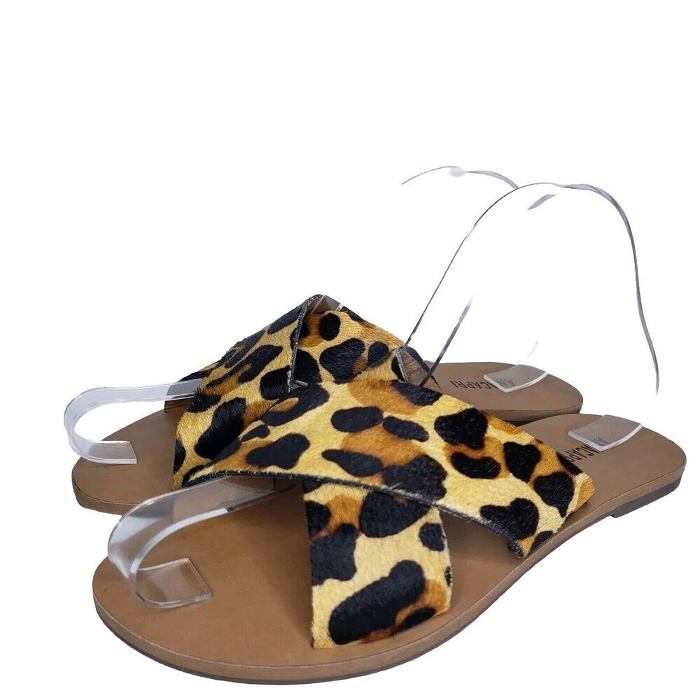 Anacapri Womens Size 38EU Criss Cross Leather Leapord Print Slip On Flat Sandals